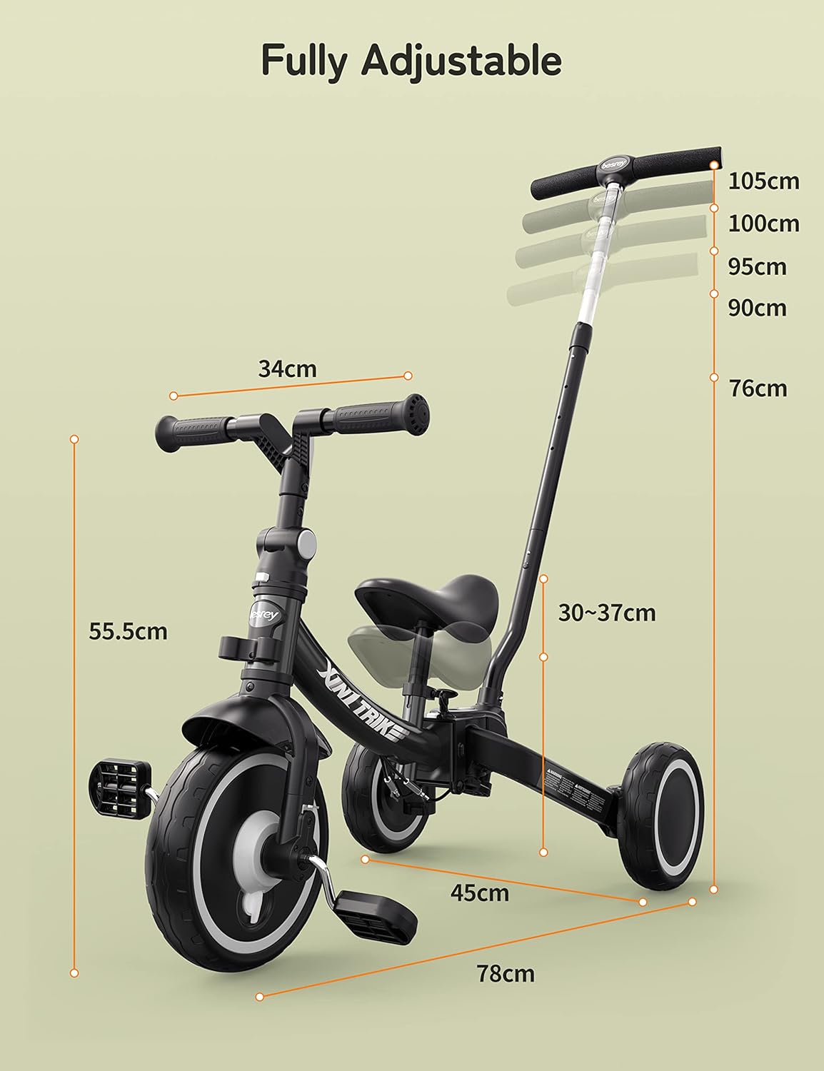 besrey 5 en 1 Tricycle Enfant bébé évolutif 1-4 Ans,Vélo Draisienne,Vélo sans Pédale,Noir