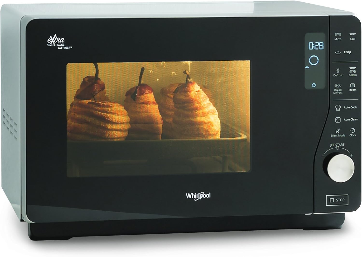 Whirlpool MWF 427 SL Four à micro-ondes Extra Space + Grill, 25 litres, argent, avec steamer, grille haute et plate Crisp + poignée, 800 + 1000 W