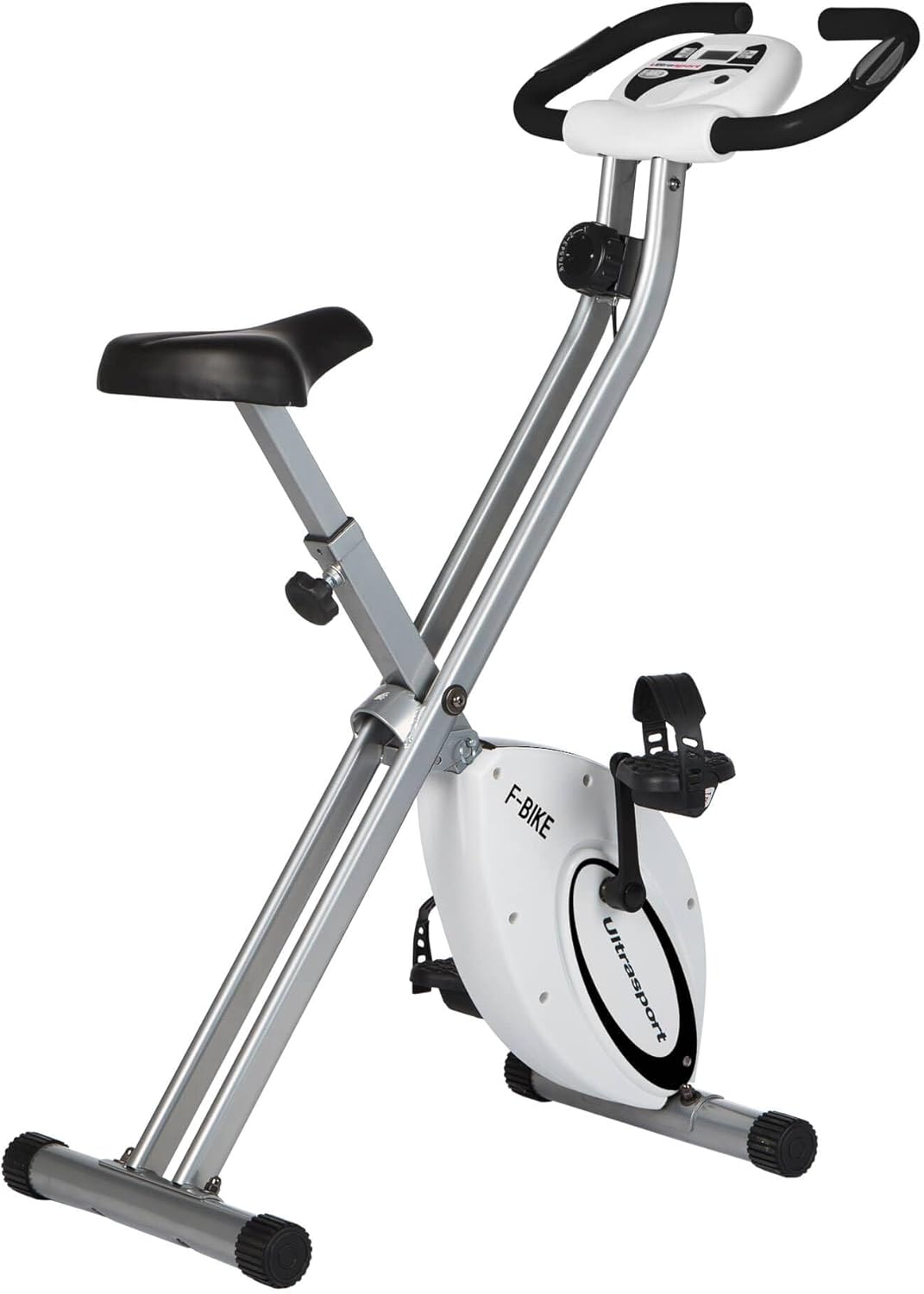 Ultrasport F-Bike, entraneur vélo, vélo d'appartement, home trainer pliable, écran LCD, opt. capteurs pouls main, Niveaux de résistance réglables, faciles à assembler, idéal pour athlètes et seniors
