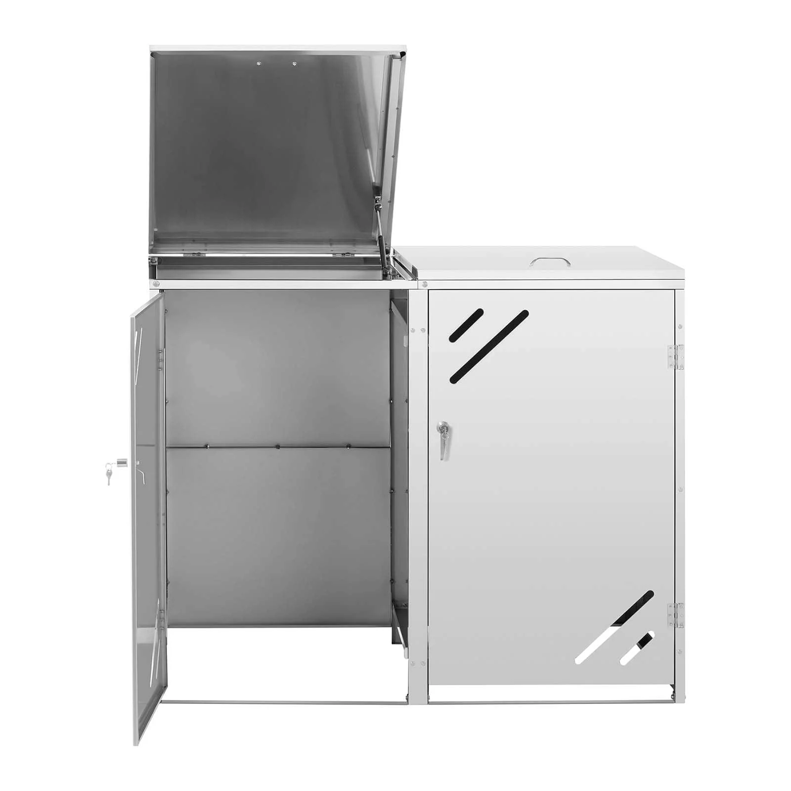 Range-poubelle cache-poubelle simple abri extérieur (240litres, fentes d'aération diagonales, inox, verrouillable, couvercle avec ressort à gaz) 14_0006043