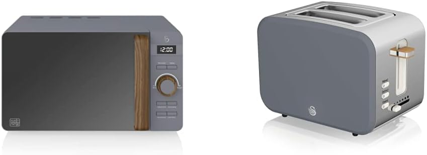 Swan Four à micro-ondes numérique Nordic 20 L, 6 niveaux de puissance, 800 W, minuterie de 30 minutes, nettoyage facile, mode dégivrage, design moderne, poignée effet bois, blanc mat