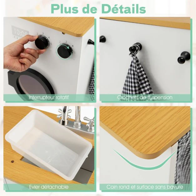 Cuisine d’imitation enfants en bois avec tabouret et machine à laver cafetière distributeur d'eaupour enfants  3 ans+ 20_0006447