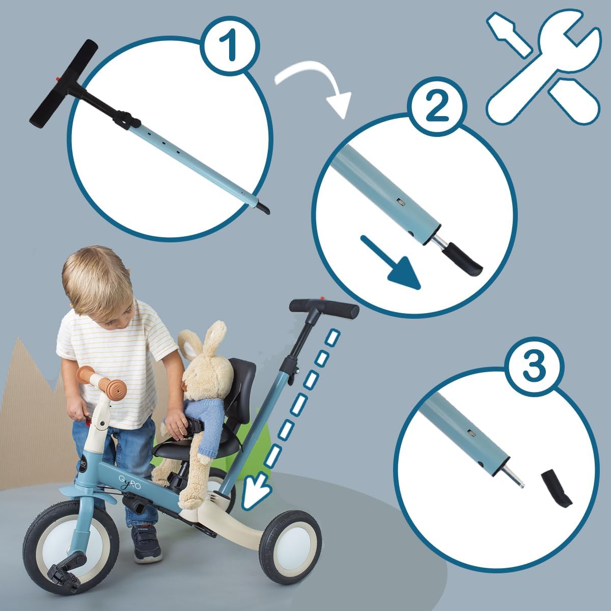 Olmitos Gyro Tricycle évolutif 5-en-1 pour Enfants de 1 à 5 Ans Adaptable et modulable avec ou sans pédales (Bleu)
