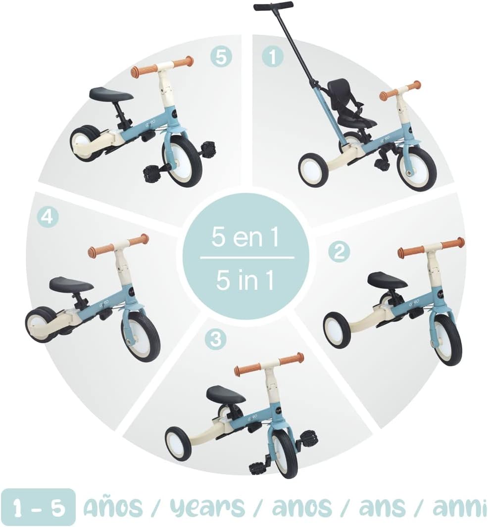Olmitos Gyro Tricycle évolutif 5-en-1 pour Enfants de 1 à 5 Ans Adaptable et modulable avec ou sans pédales (Bleu)