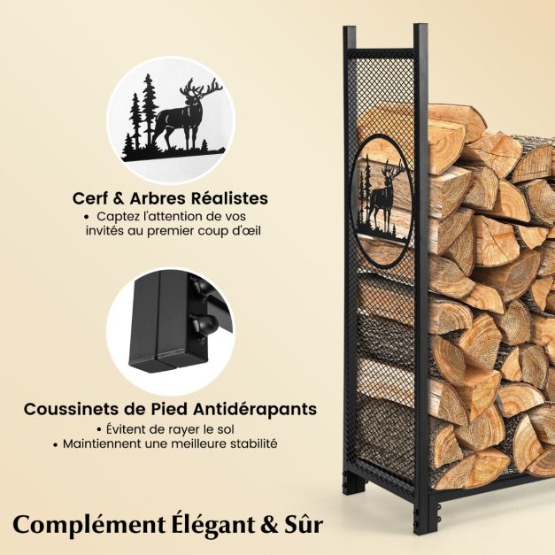 Support à bois de chauffage 121 cm support à bches robuste avec ctés en maille motifs de cerfs et d'arbres pour intérieur et extérieur noir 20_0005364