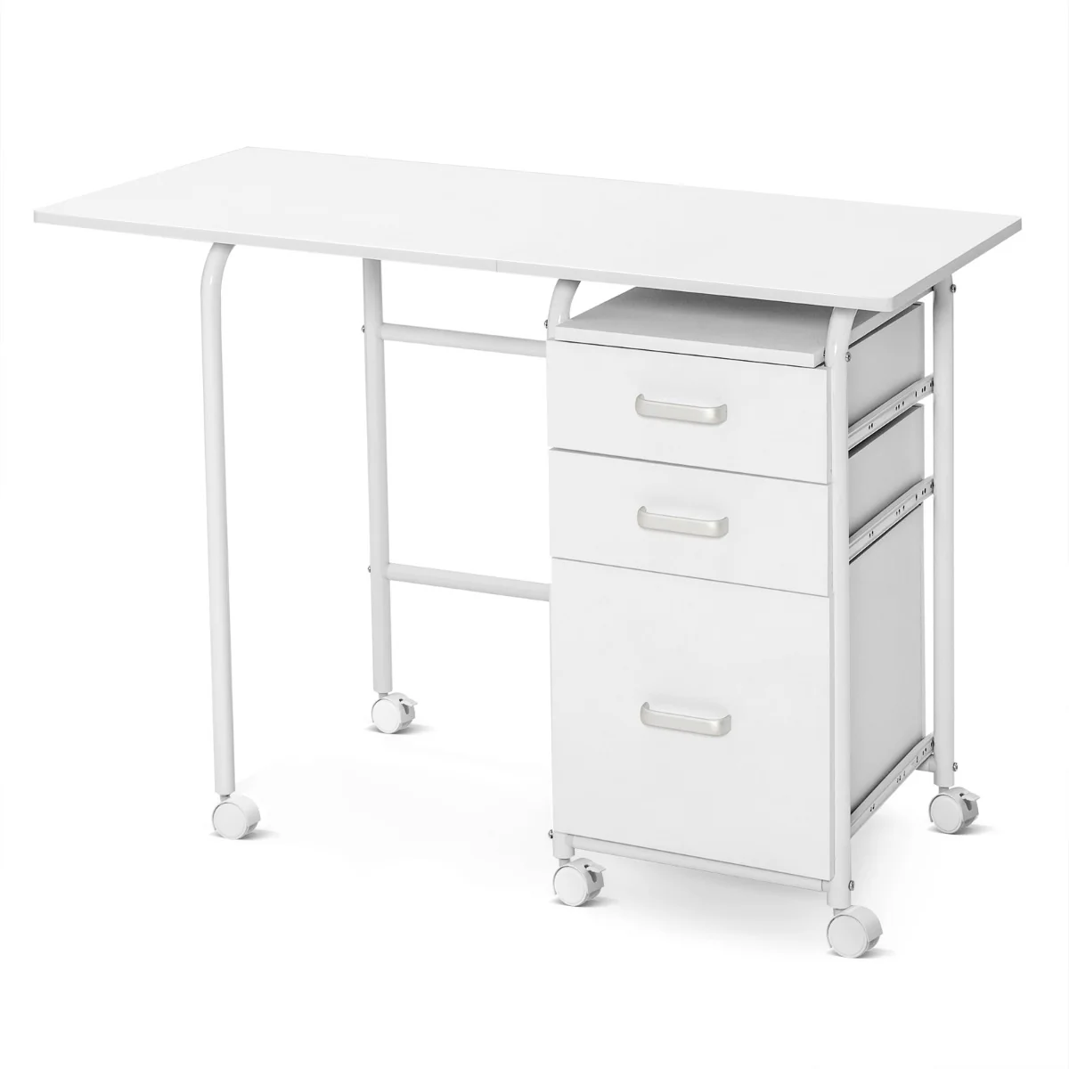 Bureau pliable avec 3 tiroirs table d'écriture roues verrouillables avec cadre en métal pour dortoir appartement blanc 20_0008020