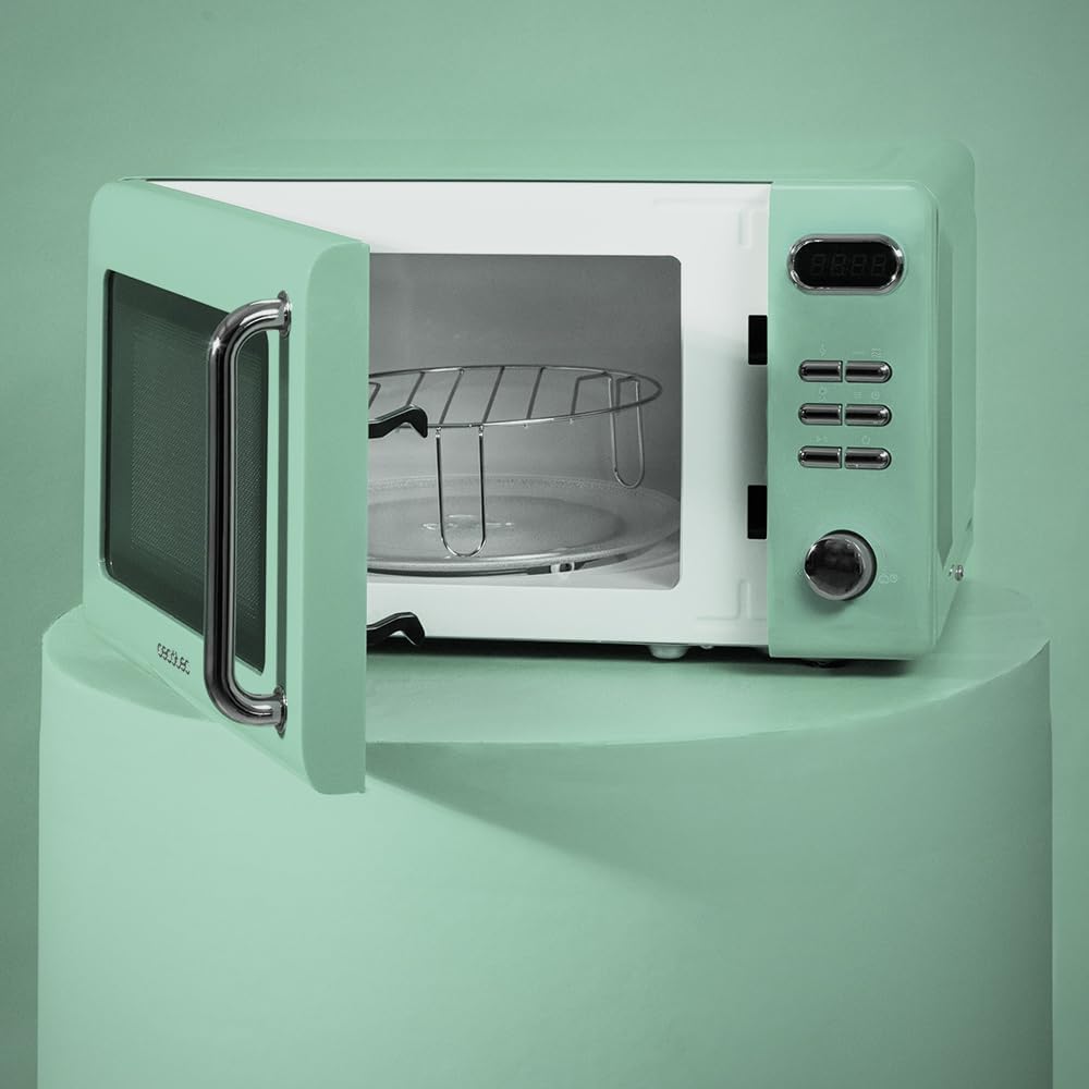 Cecotec Micro-Ondes Mécanique avec Grill Proclean 3110 Retro Bleu. 20 L, 700 W en 6 niveaux, minuterie jusqu'à 30 minutes, mode dégivrage, design vintage bleu, finitions en acier.