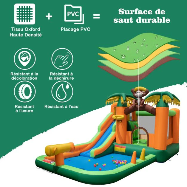 Chteau gonflable 7 en 1  tropical à thème singe et palmier avec toboggan aquatique avec piscine et 50 boules charge 90kg pour 2 enfants de 3-10 ans 20_0007620