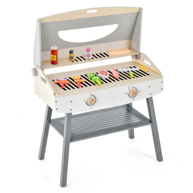 Jouet barbecue grill en bois pour enfants 3 ans+ 17 accessoires couvercle rabattable son réaliste cadeaux idéal 20_0005309