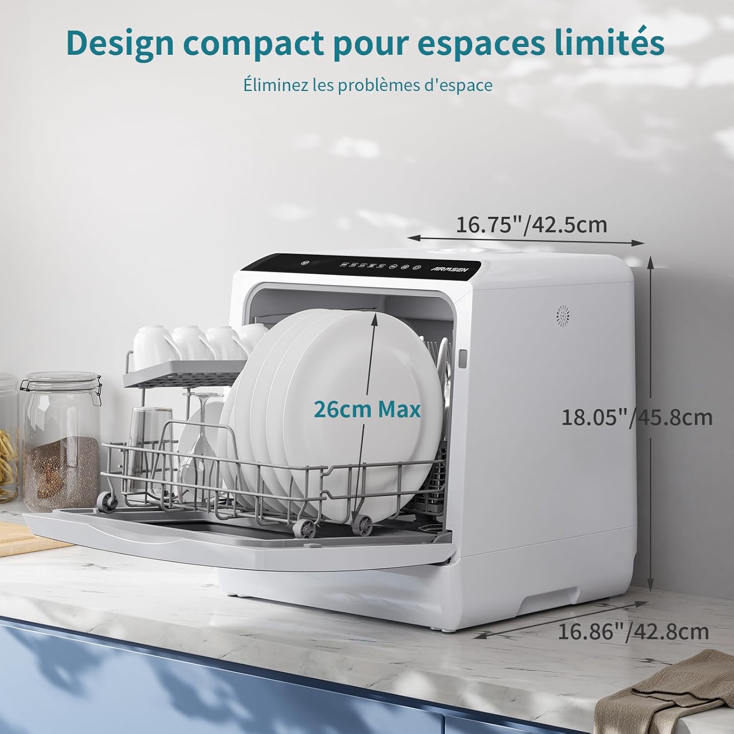 AIRMSEN Mini Lave-Vaisselle de Comptoir, 5+1 Programmes, Réservoir d'Eau de 5L, Contrle Tactile et cran LED, Adapté pour les Cuisines Familiales, Appartements et Dortoirs, Blanc et noir