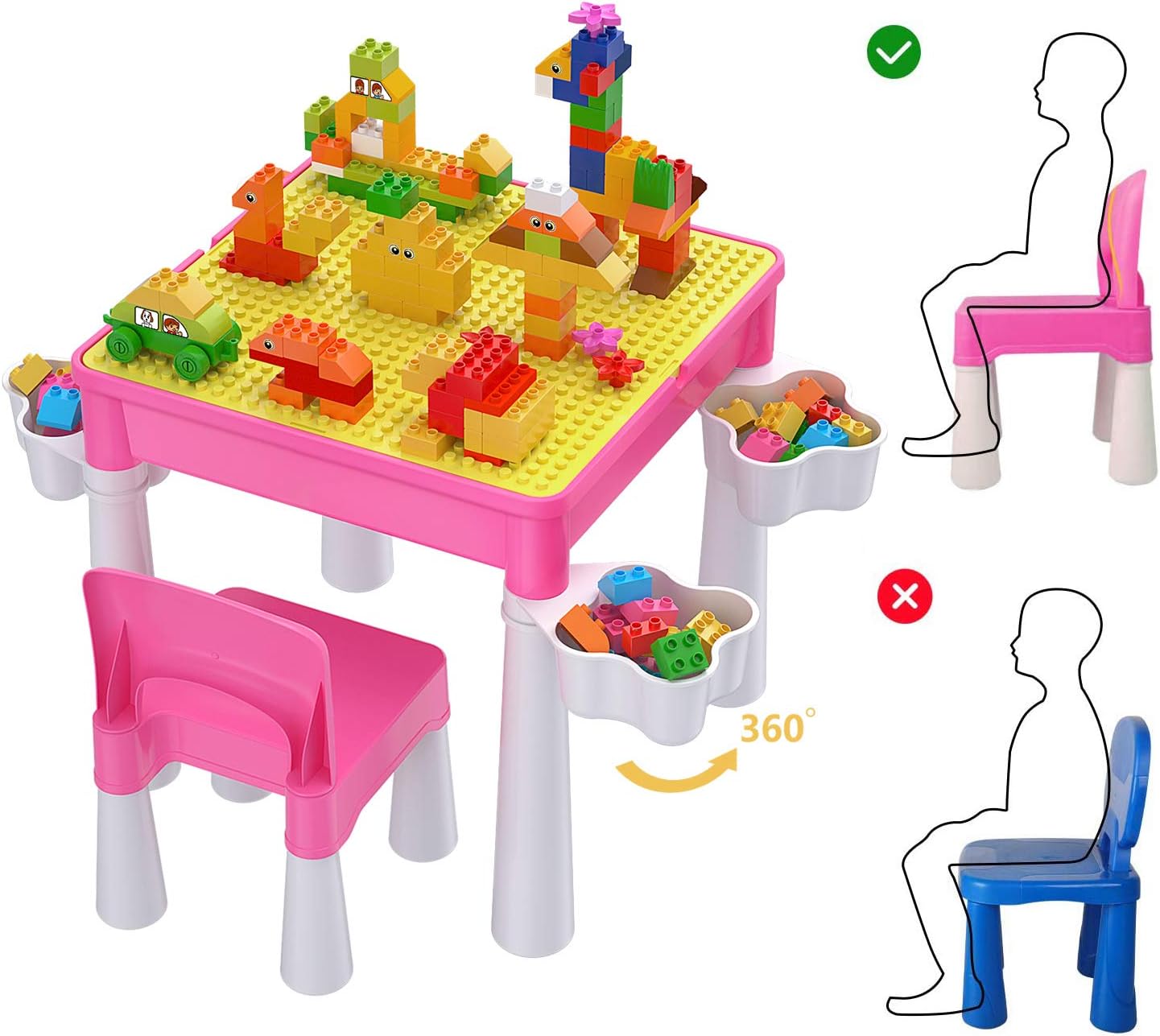 burgkidz Ensemble de Table Multi-activités pour Enfants 5-en-1-128 Pièces Blocs de Construction de Grandes Briques Compatibles, Jeu Comprenant 1 Chaise et 1 Table avec Rangement, Bleu