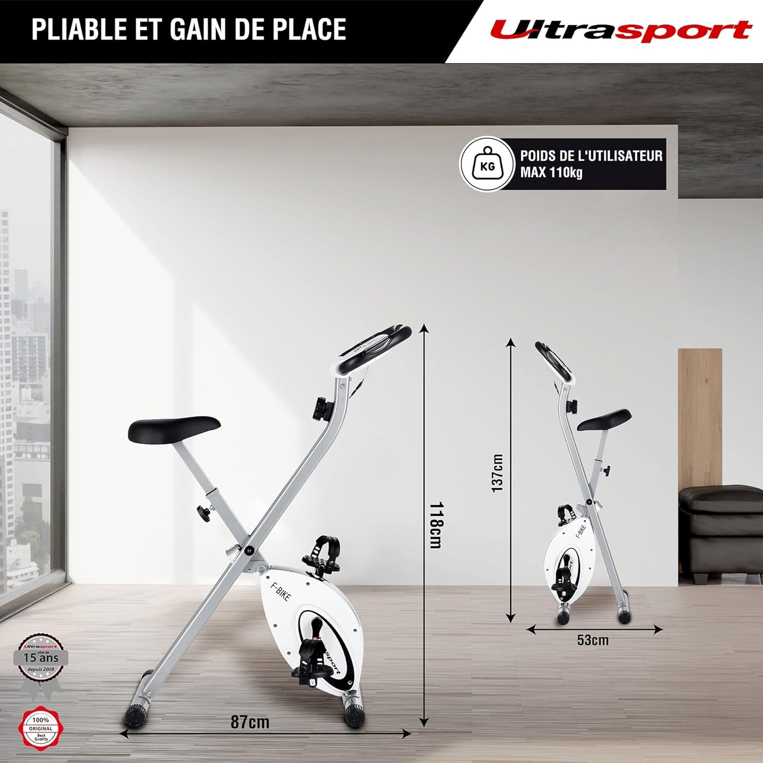 Ultrasport F-Bike, entraneur vélo, vélo d'appartement, home trainer pliable, écran LCD, opt. capteurs pouls main, Niveaux de résistance réglables, faciles à assembler, idéal pour athlètes et seniors