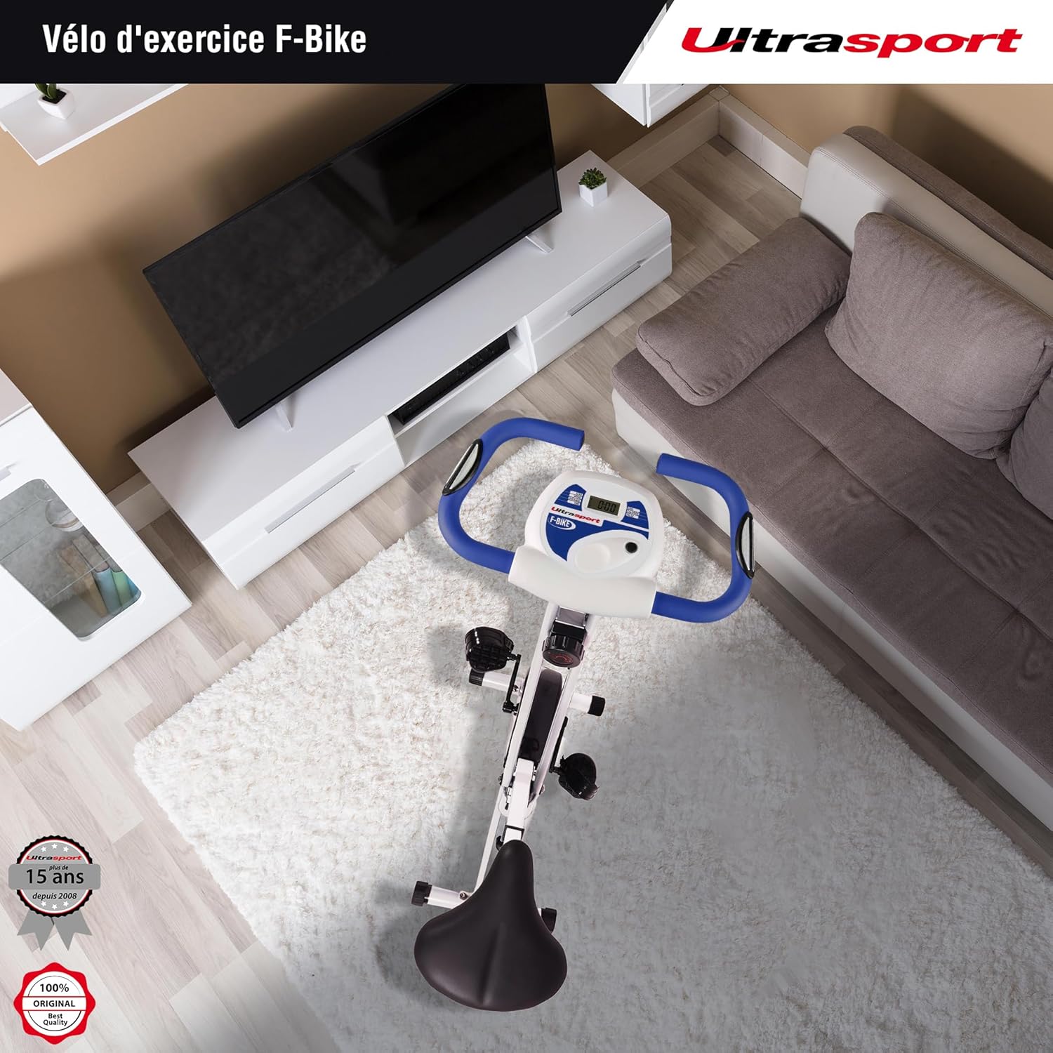 Ultrasport F-Bike, entraneur vélo, vélo d'appartement, home trainer pliable, écran LCD, opt. capteurs pouls main, Niveaux de résistance réglables, faciles à assembler, idéal pour athlètes et seniors