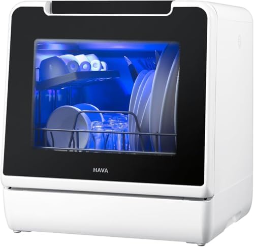 HAVA mini lave vaisselle, nouveau modèle amélioré 2024, 8 programmes de lavage, lave-vaisselle portable avec sécurité enfant et fonction de démarrage différé, réservoir d'eau de 5 L