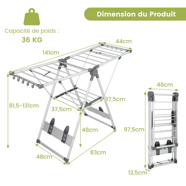 tente à linge pliable en aluminium à 2 niveaux 5 niveaux de hauteur réglable 21 rails de séchage étendoir à linge pliable intérieur/extérieur 20_0006865