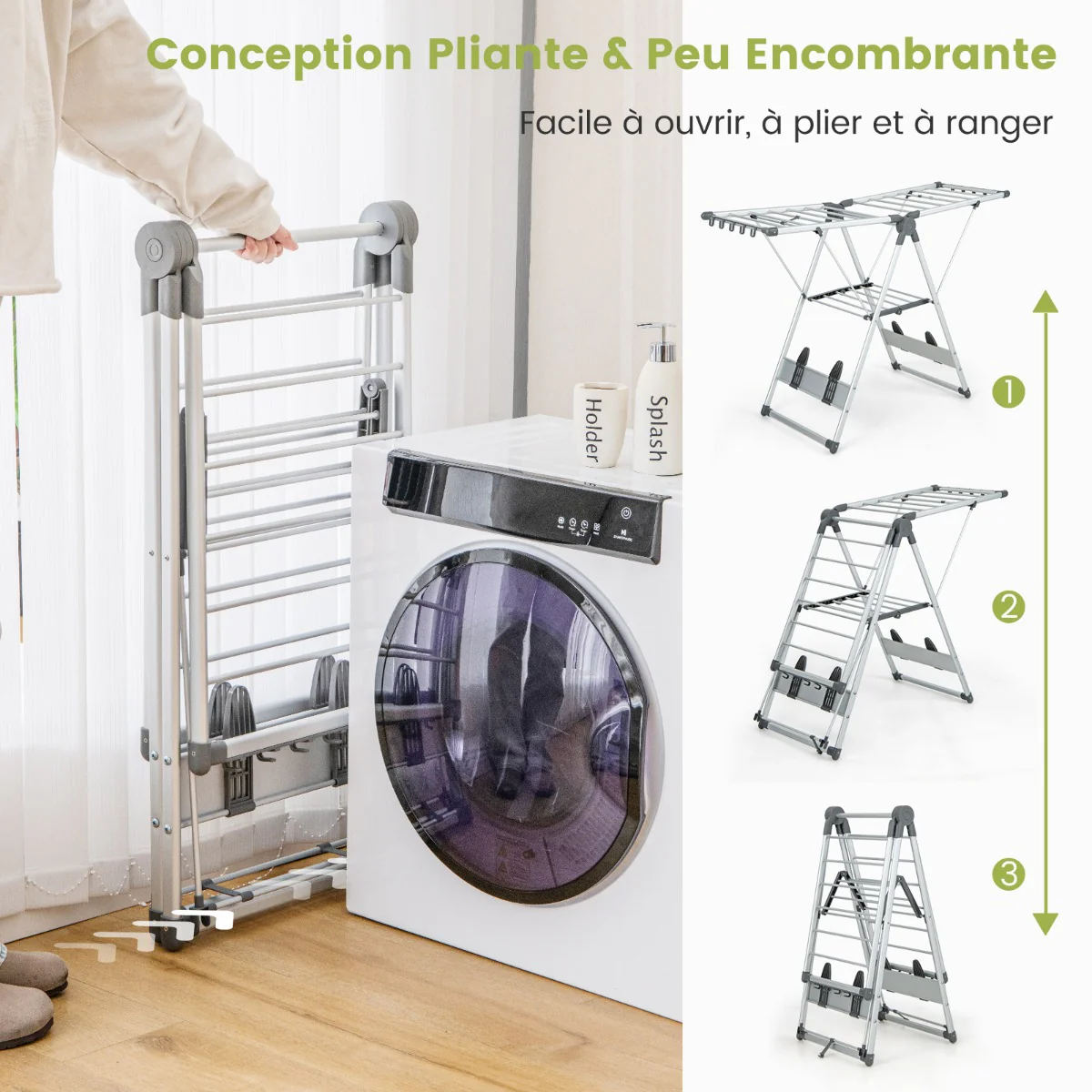 tente à linge pliable en aluminium à 2 niveaux 5 niveaux de hauteur réglable 21 rails de séchage étendoir à linge pliable intérieur/extérieur 20_0006865