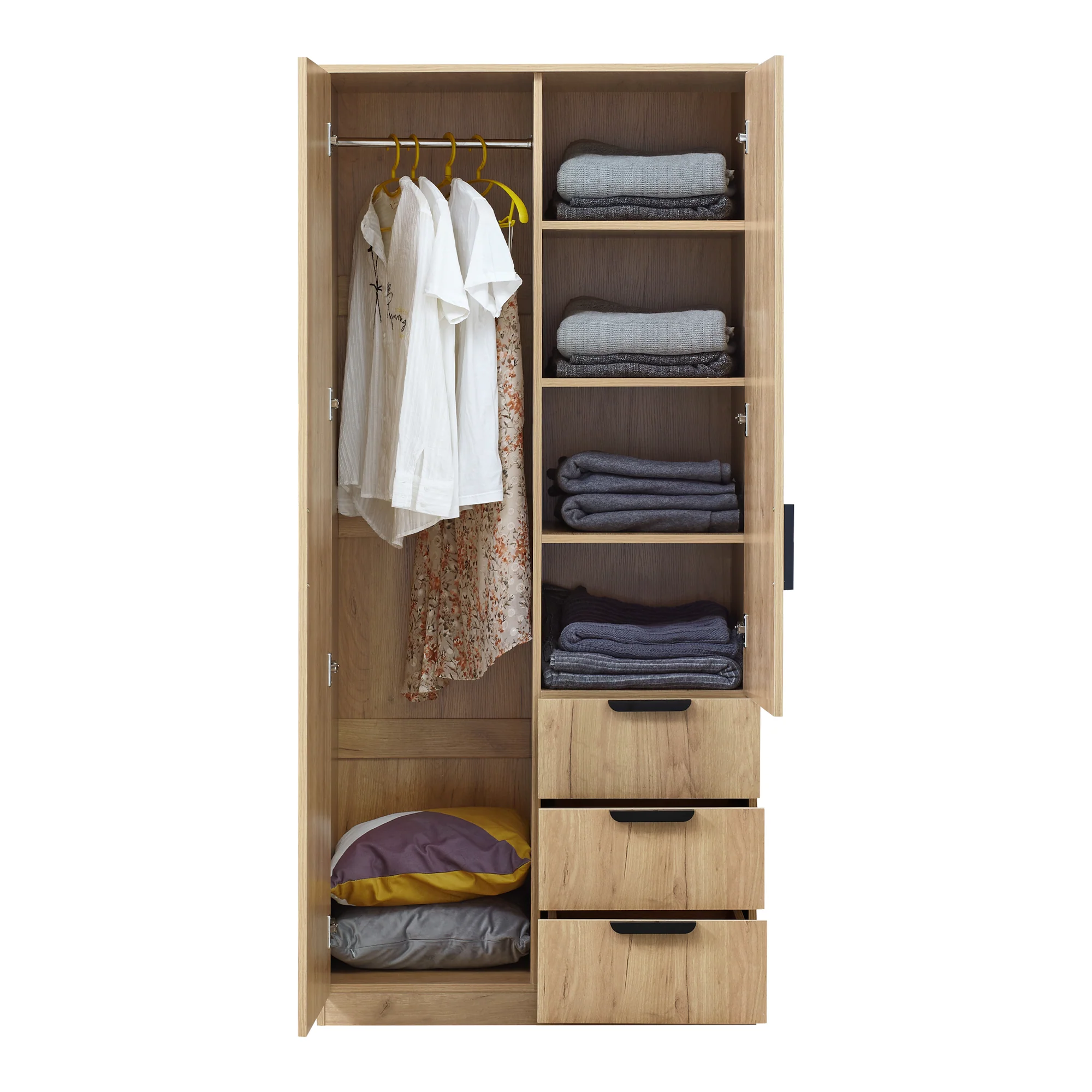 Armoire de chambre garde-robe moderne meuble de rangement intemporel 1 penderie 4 étagères 3 tiroirs MDF 176 x 80 x 52 cm effet chêne 03_0006370