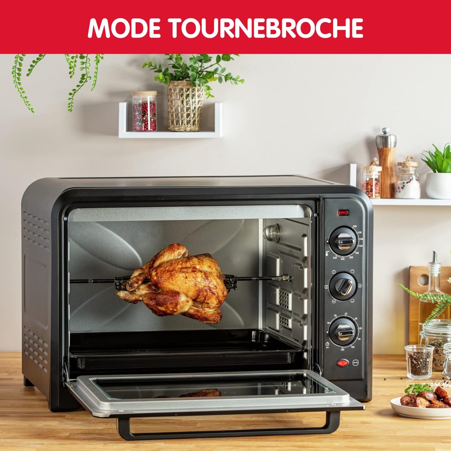 Moulinex Four électrique posable 19 L, Compact, chaleur tournante, 6 modes de cuisson, Thermostat réglable jusqu’à 240°C, Minuteur 120 min, Grille réversible, Lèche frites, Optimo noir OX444810