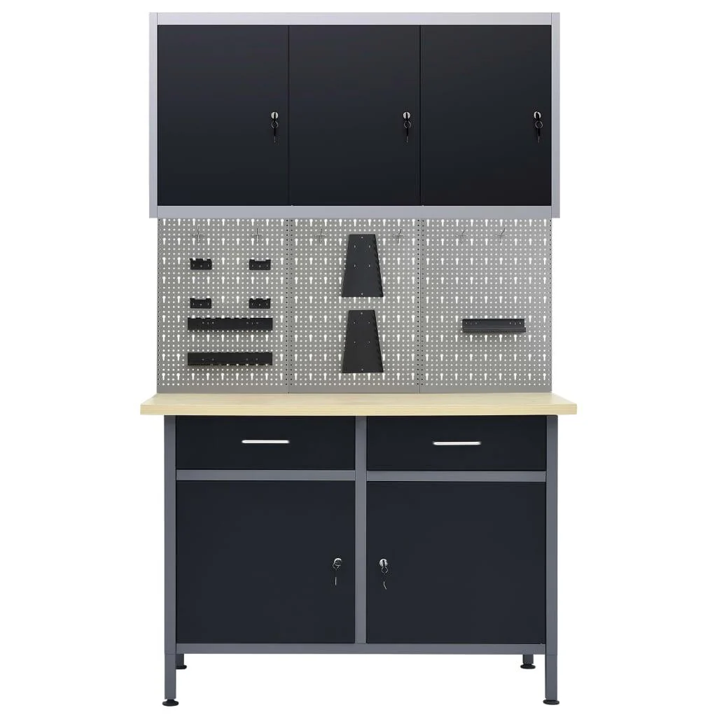 Etabli 120 cm et 3 panneaux muraux et 1 armoire table de travail atelier gris noir 02_0003664