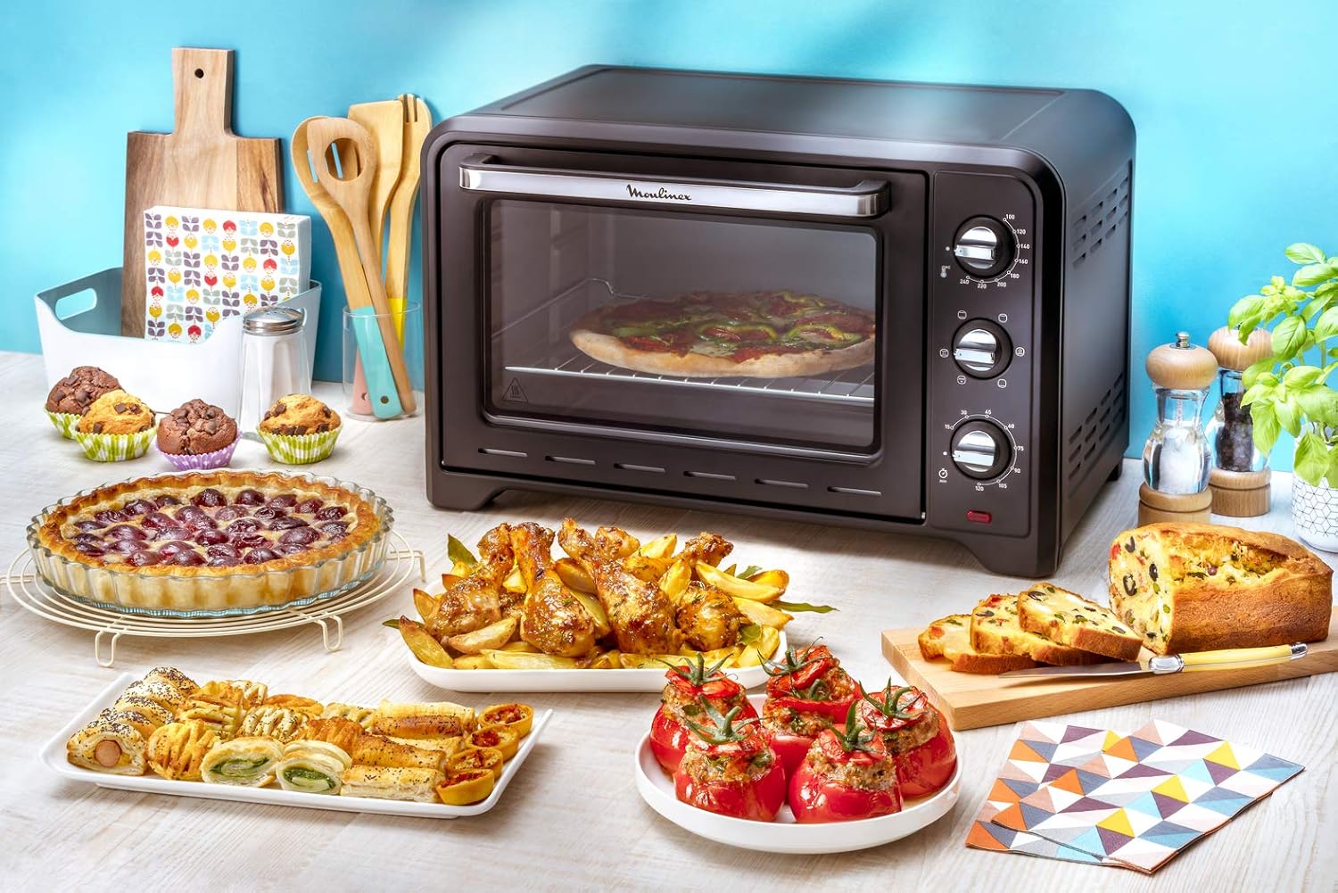 Moulinex Four électrique posable 19 L, Compact, chaleur tournante, 6 modes de cuisson, Thermostat réglable jusqu’à 240°C, Minuteur 120 min, Grille réversible, Lèche frites, Optimo noir OX444810