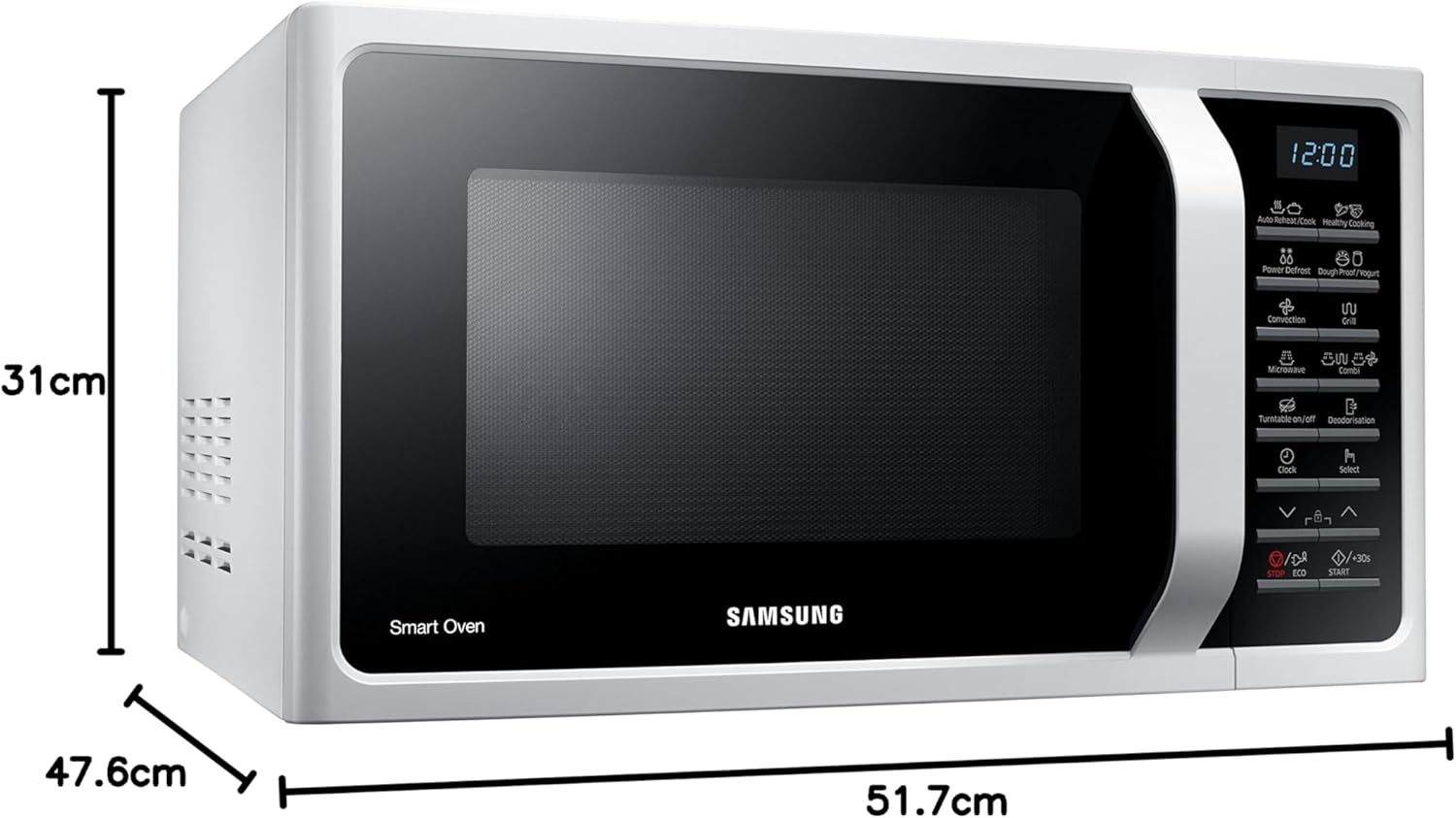 Samsung MC28H5015AW Four micro-ondes, grill combiné, 28 litres, Smart Oven, 900 W, grill 1500 W, blanc, 51,7 x 47,6 x 31 cm