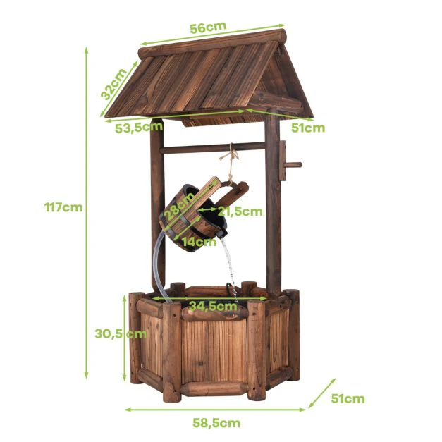 Puits en bois extérieur fontaine de jardin 60 x 57 x 115 cm avec pompe electrique débit 300 l/h tuyau transparent seau suspendu 20_0007378
