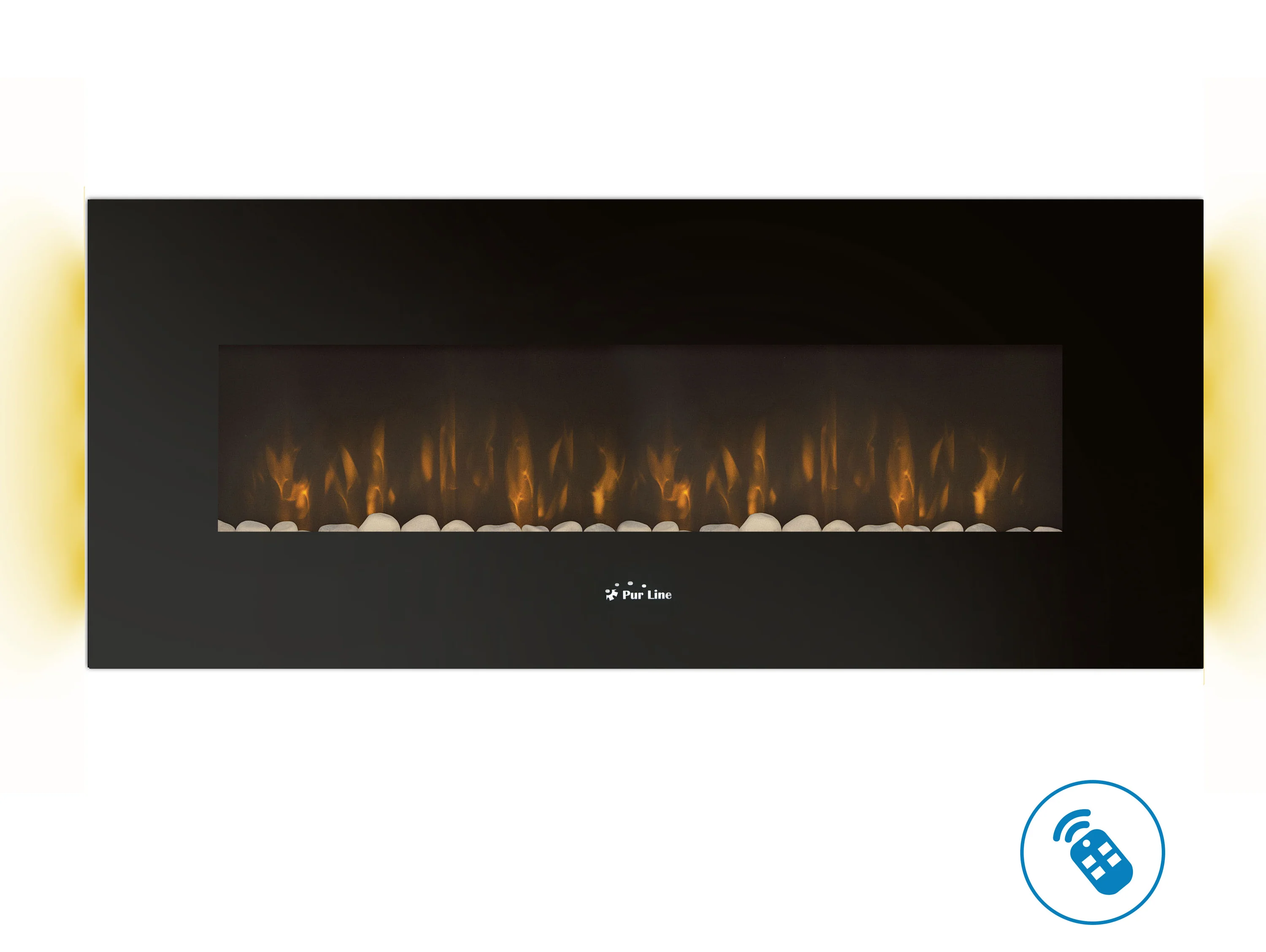 Cheminée murale électrique panoramique 2kW en verre trempé noir avec télécommande