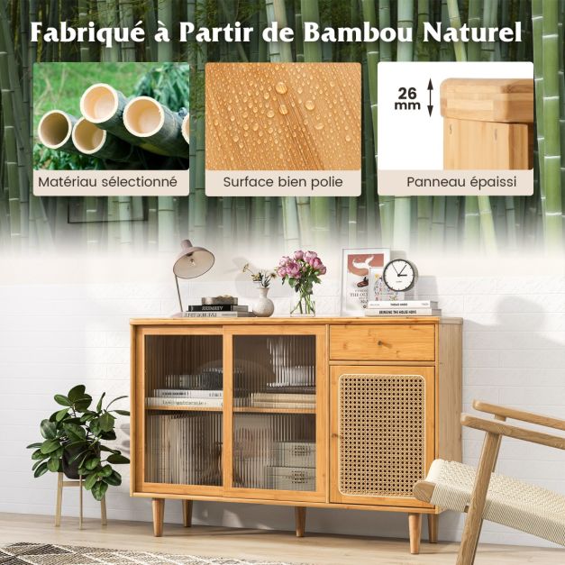 Buffet moderne du milieu du siècle en bambou avec portes coulissantes en verre trempé armoire et tiroir en rotin naturel 20_0007958