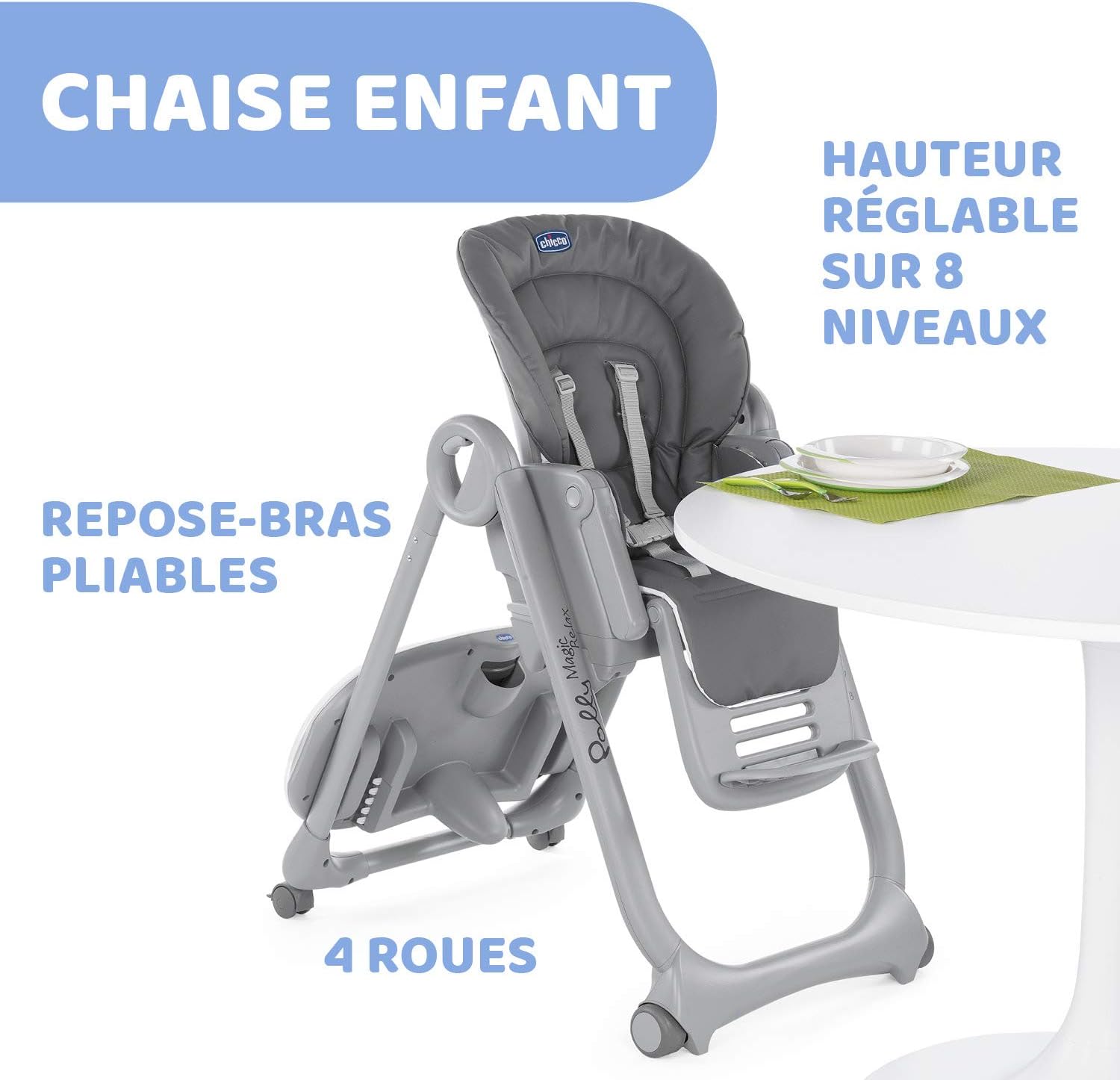 Chicco Polly Magic Relax Chaise Haute Bébé volutive et Pliable à 4 Roues, Enfants de la Naissance à 3 ans (15 kg), Inclinable en Transat, avec Coussin Réducteur et Barre de Jeux - Gris