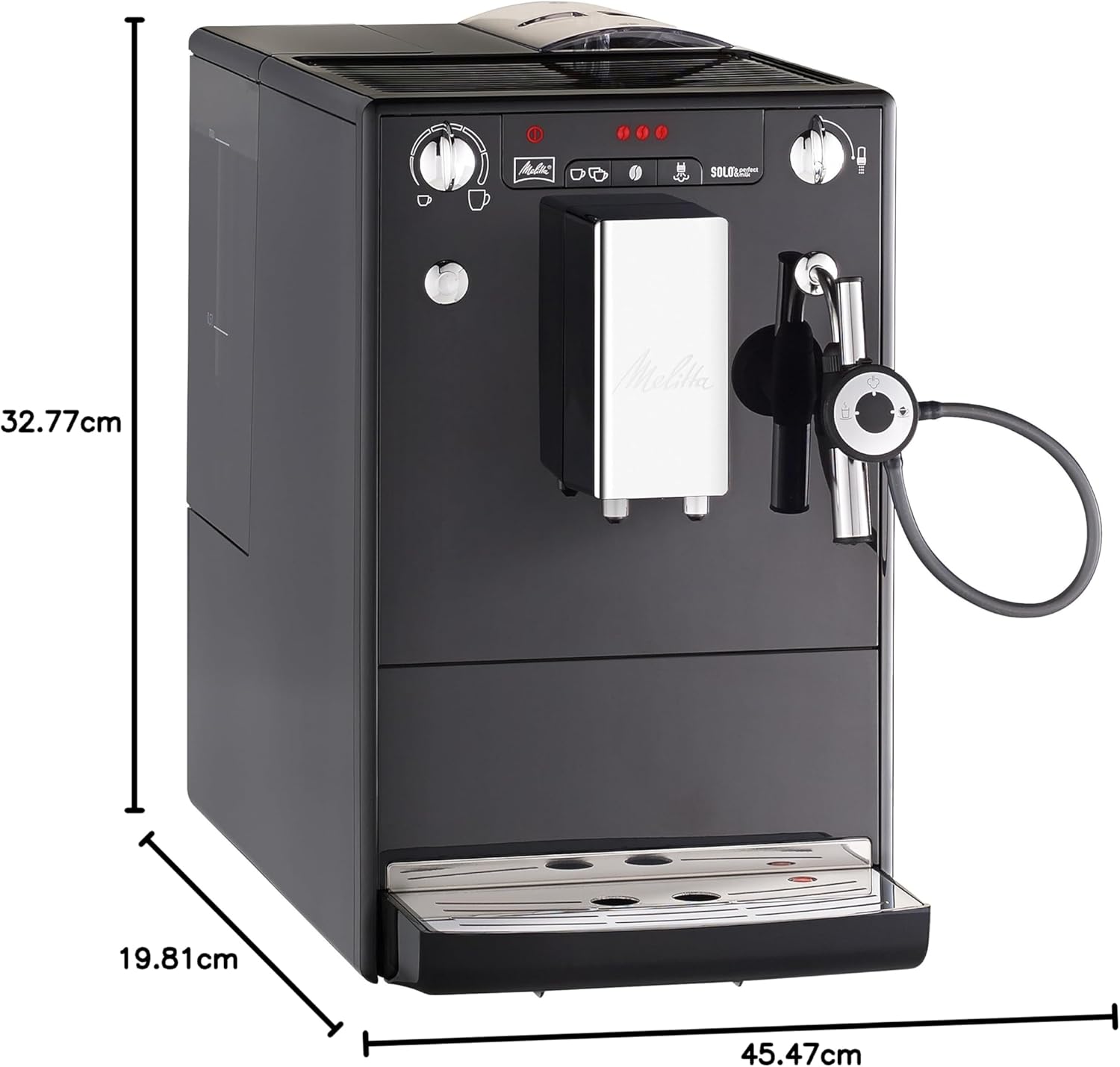 Melitta Solo & Perfect Milk Argent, Machine à Café à Grains avec Broyeur et Système d'Extraction des Armes, Mode 1 à 2 Tasses, Auto Cappuccinatore, Affichage LED, E957-203, 1400W