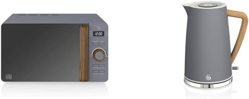 Swan Four à micro-ondes numérique Nordic 20 L, 6 niveaux de puissance, 800 W, minuterie de 30 minutes, nettoyage facile, mode dégivrage, design moderne, poignée effet bois, blanc mat