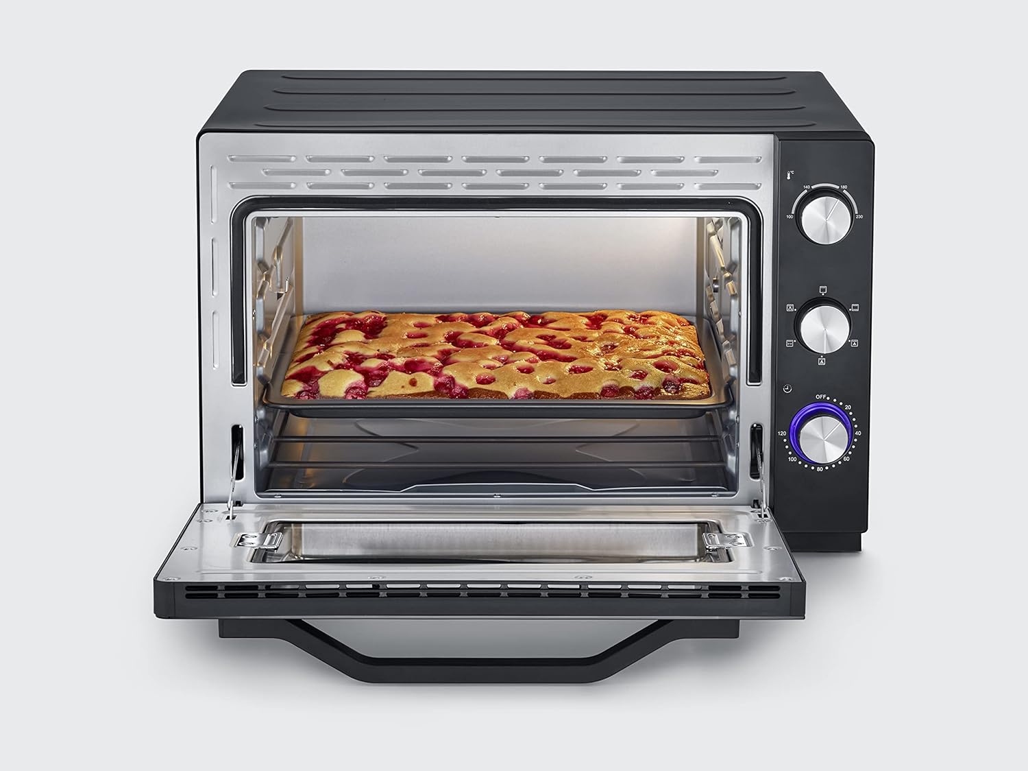 SEVERIN Mini-Four à chaleur tournante 42 L avec pierre à pizza et tournebroche, Four posable 1 800 W design élégant, électrique avec minuteur 120 min, Noir/Inox, TO 2058
