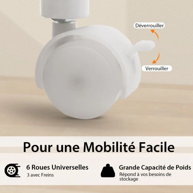 Bureau pliable avec 3 tiroirs table d'écriture roues verrouillables avec cadre en métal pour dortoir appartement blanc 20_0008020