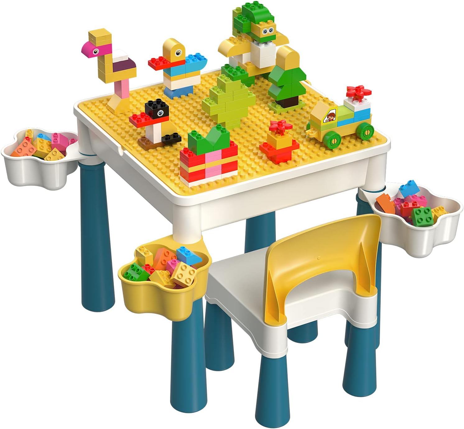 burgkidz Ensemble de Table Multi-activités pour Enfants 5-en-1-128 Pièces Blocs de Construction de Grandes Briques Compatibles, Jeu Comprenant 1 Chaise et 1 Table avec Rangement, Bleu