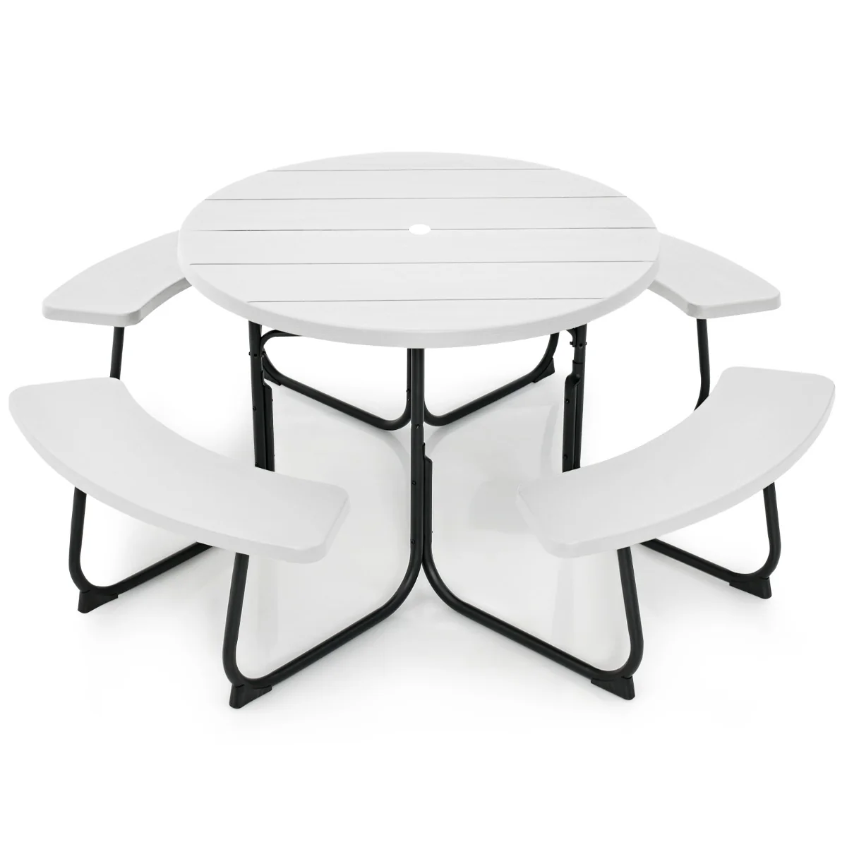 Ensemble table de pique-nique avec 4 bancs intégrés ensemble de jardin table de pique-nique circulaire 135 kg trou pour parasol 190 x 76 cm blanc 20_0008515