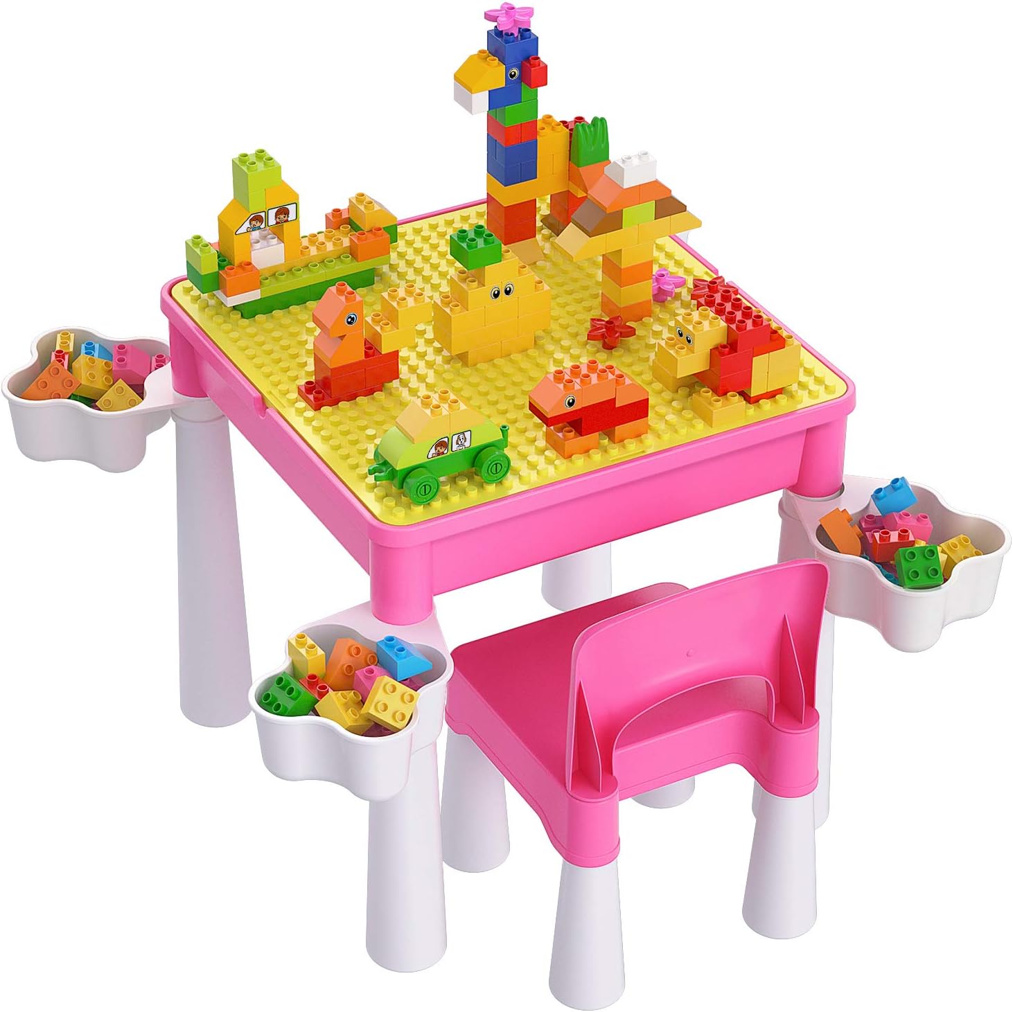 burgkidz Ensemble de Table Multi-activités pour Enfants 5-en-1-128 Pièces Blocs de Construction de Grandes Briques Compatibles, Jeu Comprenant 1 Chaise et 1 Table avec Rangement, Bleu