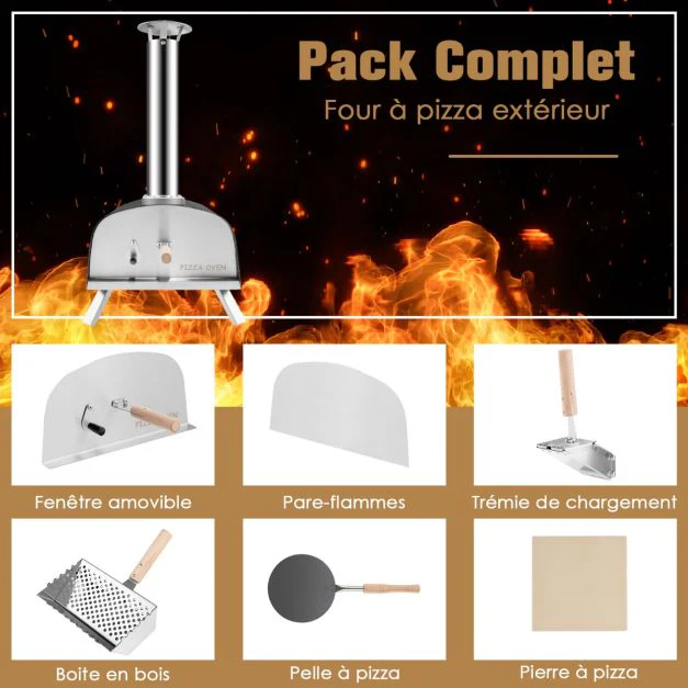 Four à pizza extérieur aux granulés de bois avec pierre à pizza pelle pare-feu pieds pliables cheminée amovible 20_0008602