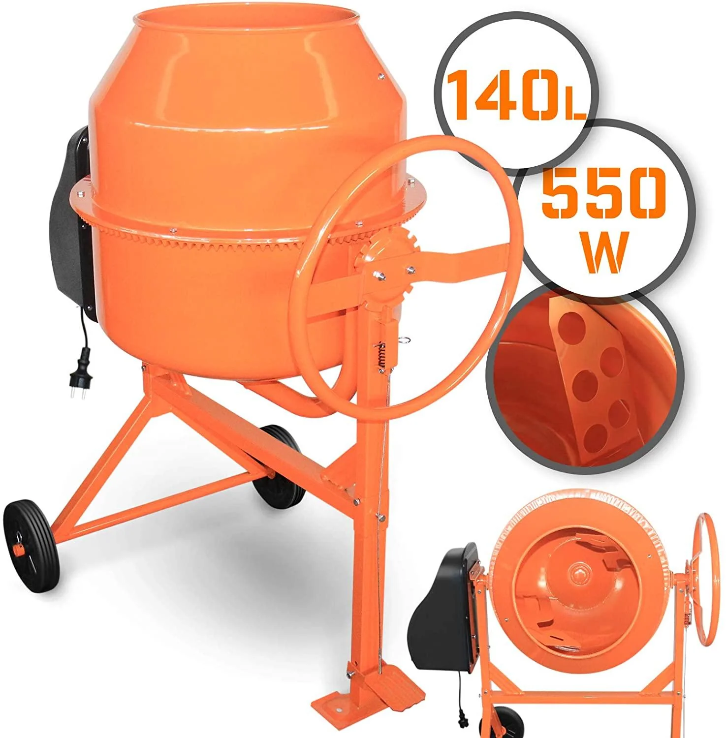 Bétonnière électrique capacité 140 litres 550 watts avec roues en acier bétonnière portable pour ciment béton mortier pltre chape orange et noir  01_0001117