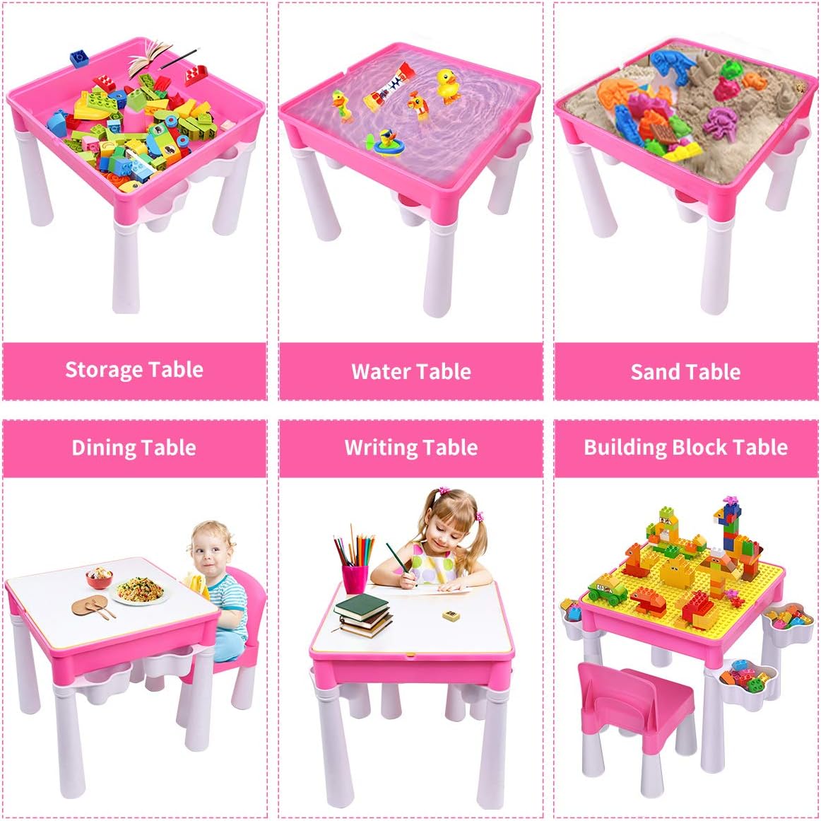 burgkidz Ensemble de Table Multi-activités pour Enfants 5-en-1-128 Pièces Blocs de Construction de Grandes Briques Compatibles, Jeu Comprenant 1 Chaise et 1 Table avec Rangement, Bleu