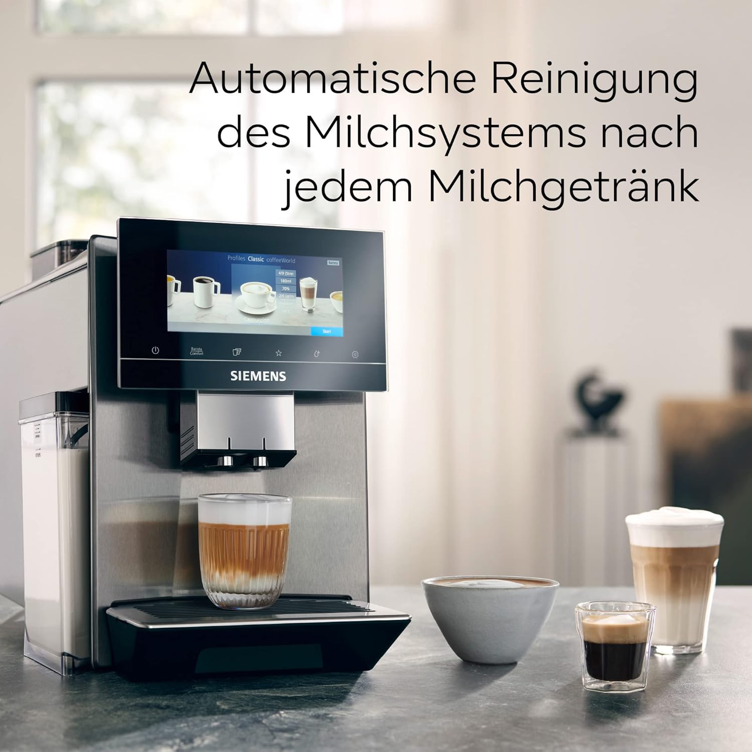 Siemens, machine à café automatique EQ900 TQ903D03, contrôle par l'application, écran tactile, mode barista, AromaBoost, réduction du bruit, broyeur premium, nettoyage à la vapeur, 1 500 W, inox