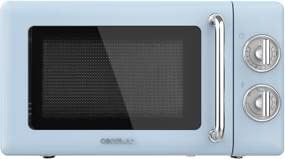 Cecotec Micro-Ondes Mécanique avec Grill Proclean 3110 Retro Bleu. 20 L, 700 W en 6 niveaux, minuterie jusqu'à 30 minutes, mode dégivrage, design vintage bleu, finitions en acier.