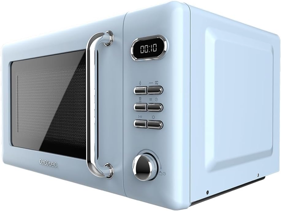 Cecotec Micro-Ondes Mécanique avec Grill Proclean 3110 Retro Bleu. 20 L, 700 W en 6 niveaux, minuterie jusqu'à 30 minutes, mode dégivrage, design vintage bleu, finitions en acier.