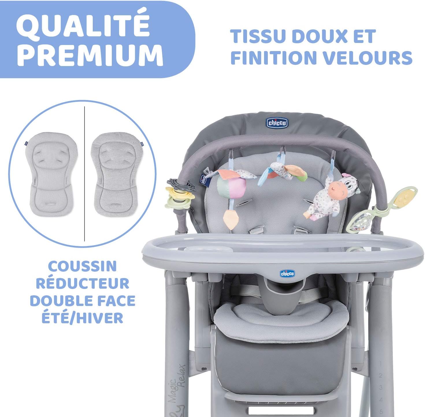 Chicco Polly Magic Relax Chaise Haute Bébé volutive et Pliable à 4 Roues, Enfants de la Naissance à 3 ans (15 kg), Inclinable en Transat, avec Coussin Réducteur et Barre de Jeux - Gris