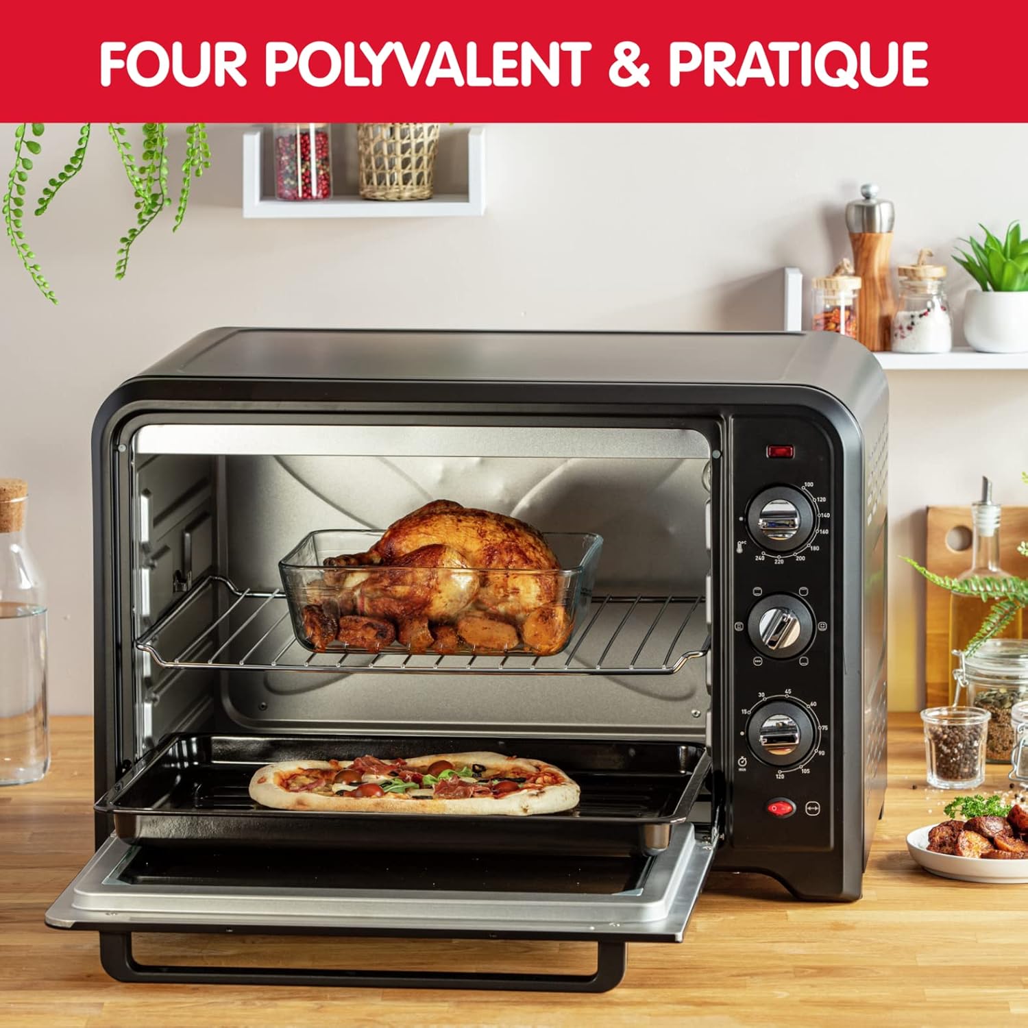 Moulinex Four électrique posable 19 L, Compact, chaleur tournante, 6 modes de cuisson, Thermostat réglable jusqu’à 240°C, Minuteur 120 min, Grille réversible, Lèche frites, Optimo noir OX444810