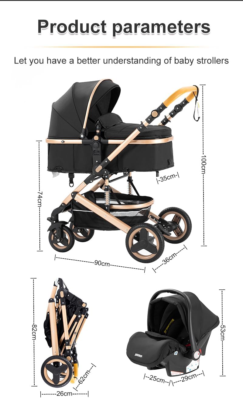 YAZOCO Poussette 3 en 1 Pliable Poussette Bebe Confort Moustiquaire, Couvre - Pieds, Porte - Gobelet, Coussin Poussettes et Landaus