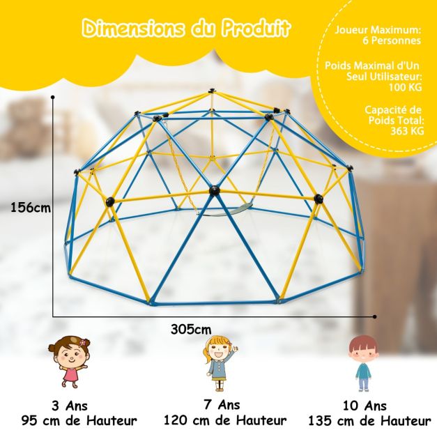 Dme d'escalade de 305 cm avec balanoire cage d'escalade en métal charge max 363 kg intérieur extérieur pour enfants de 3-10 ans 20_0006935