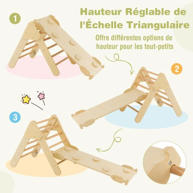 7 en 1 triangle arche montessori d'escalade enfants avec toboggan bois rampe échelle réglable aire de jeux pour 1 ans+ blanc+naturel 20_0007621