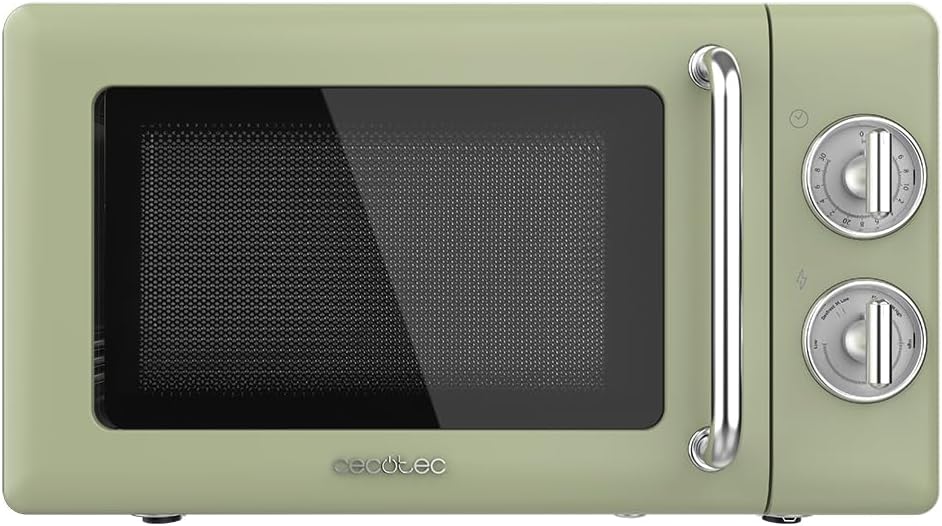 Cecotec Micro-Ondes Mécanique avec Grill Proclean 3110 Retro Bleu. 20 L, 700 W en 6 niveaux, minuterie jusqu'à 30 minutes, mode dégivrage, design vintage bleu, finitions en acier.