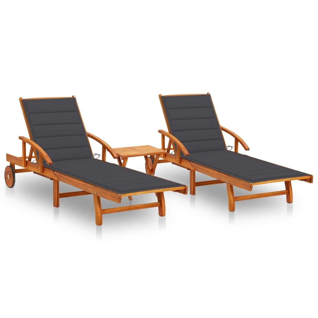 Lot de 2 transats chaise longue bain de soleil lit de jardin terrasse meuble d'extérieur avec table et coussins acacia solide 02_0012121