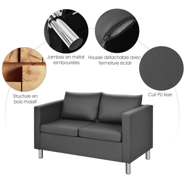 Canapé 2 places moderne en cuir PU avec coussin souple et pieds en métal gris 20_0006162